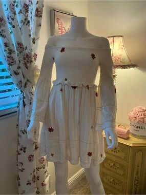 White Off-Shoulder Mini Dress with Red Floral Embroidery